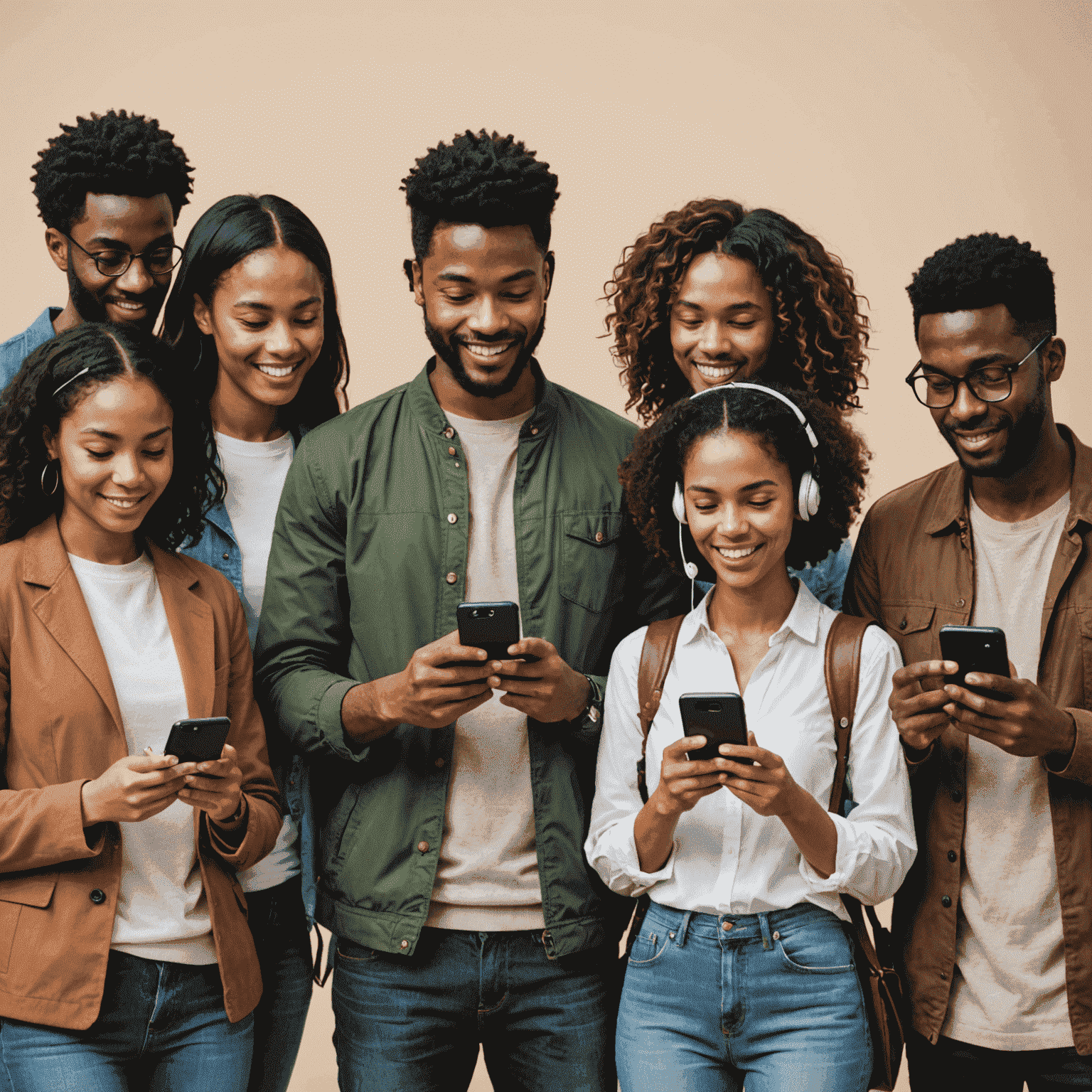 A diverse group of people using smartphones to make international calls, symbolizing global connectivity