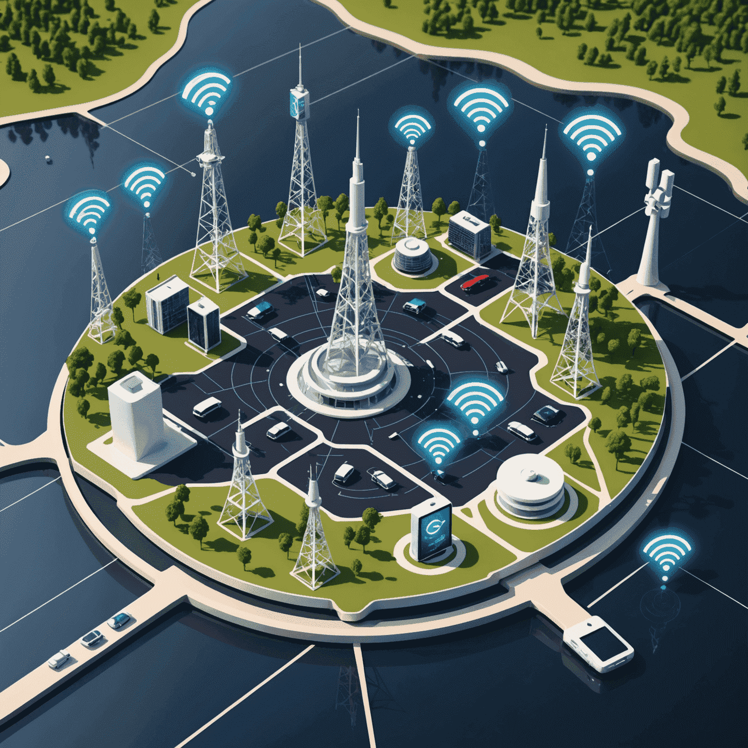 Map showing 5G network coverage expansion with icons of mobile towers and devices