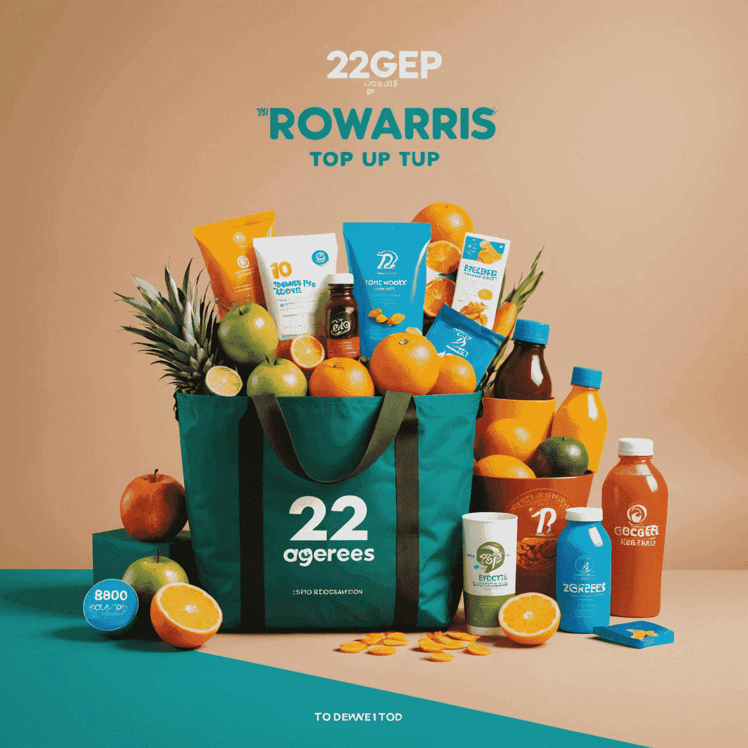 A colorful rewards catalog showcasing various prizes available through the 2degrees top-up reward program, with the 2degrees logo prominently displayed