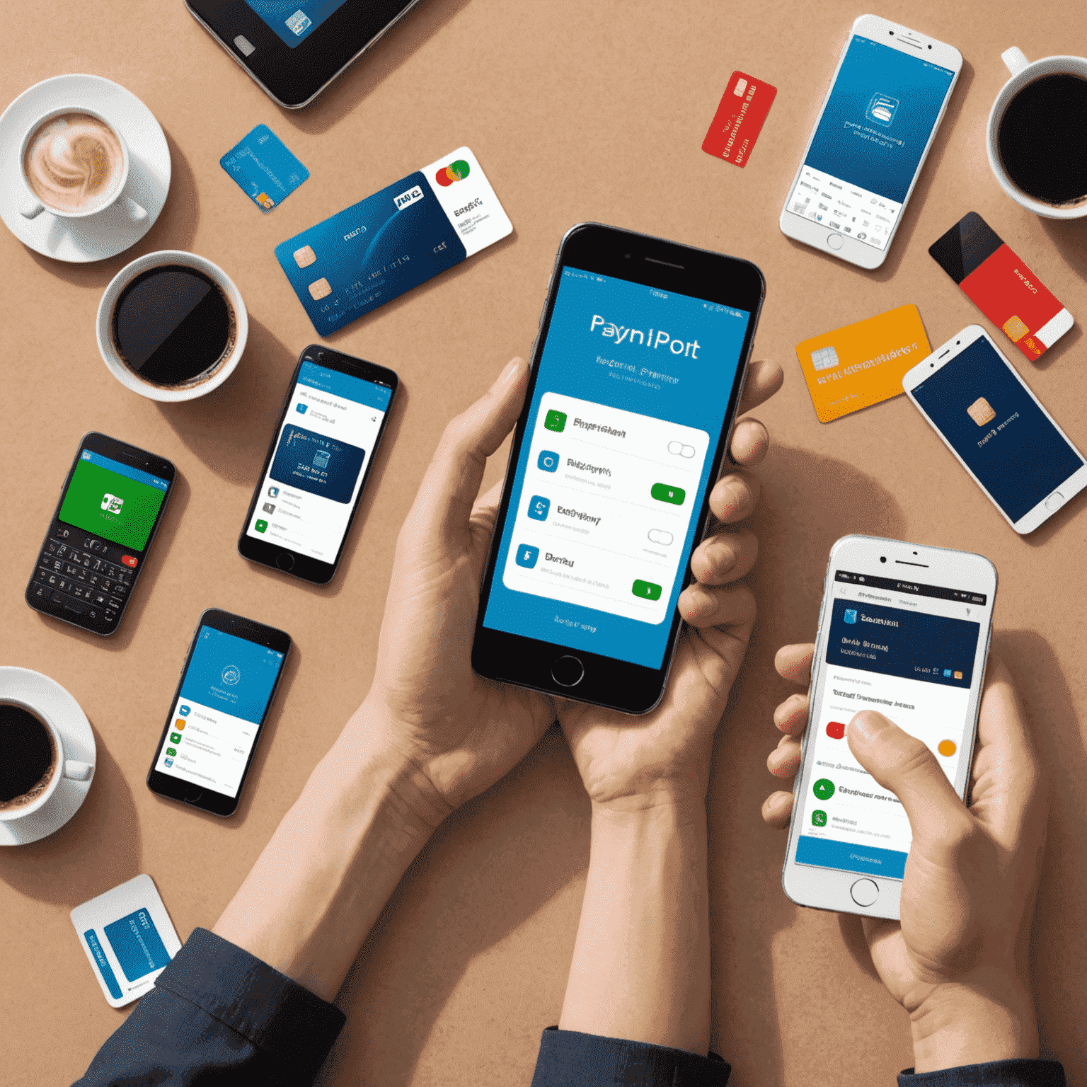 Hands holding smartphones with various mobile payment apps and NFC payment illustration