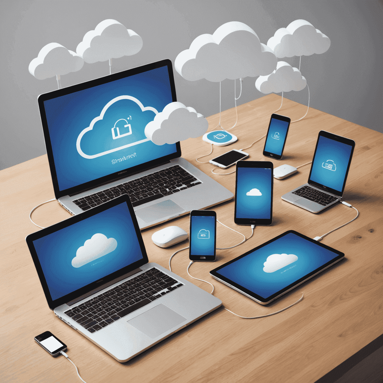 Various devices (smartphone, tablet, laptop) connected to a cloud, representing data packages