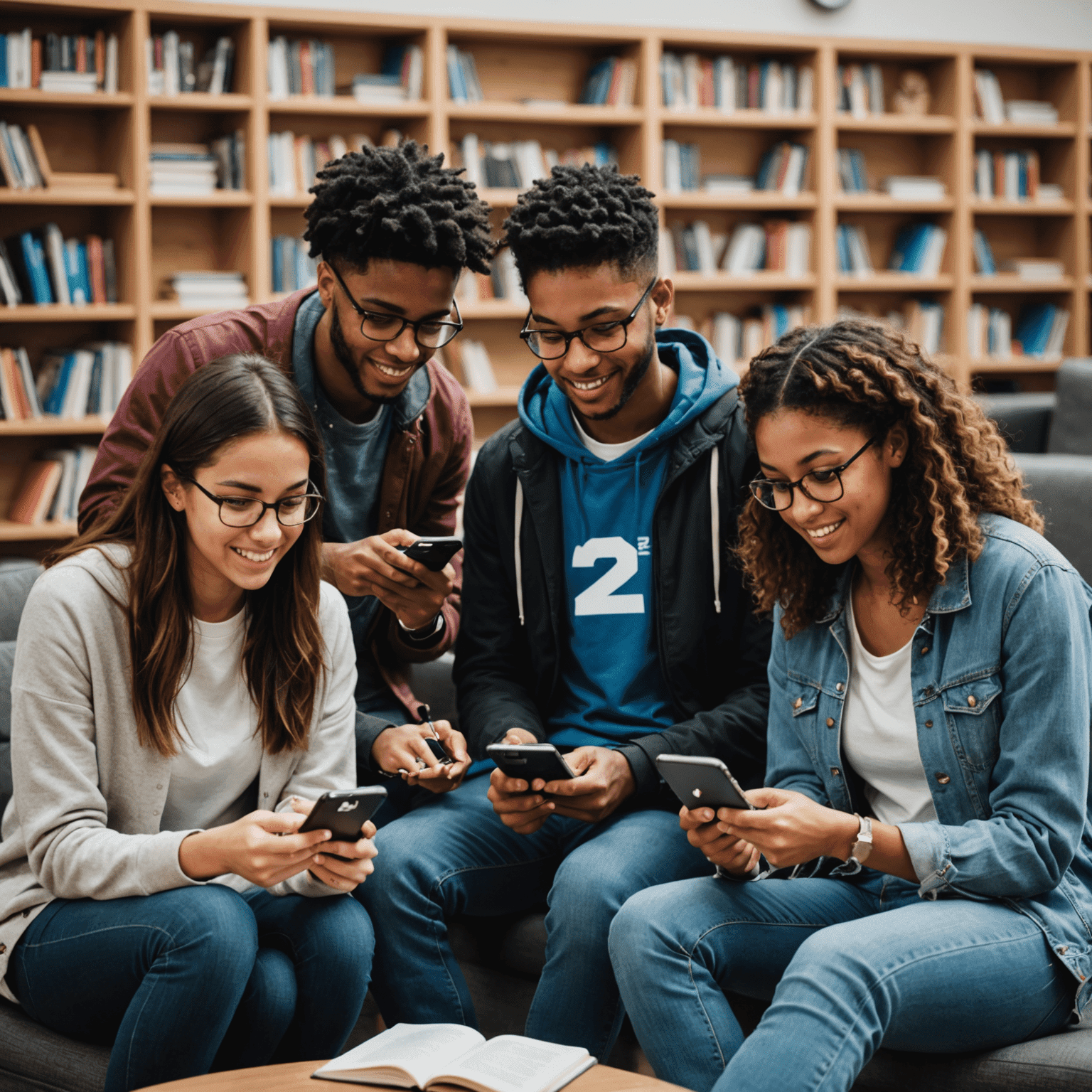 A group of diverse students using smartphones with the 2 Degree logo, surrounded by books and study materials